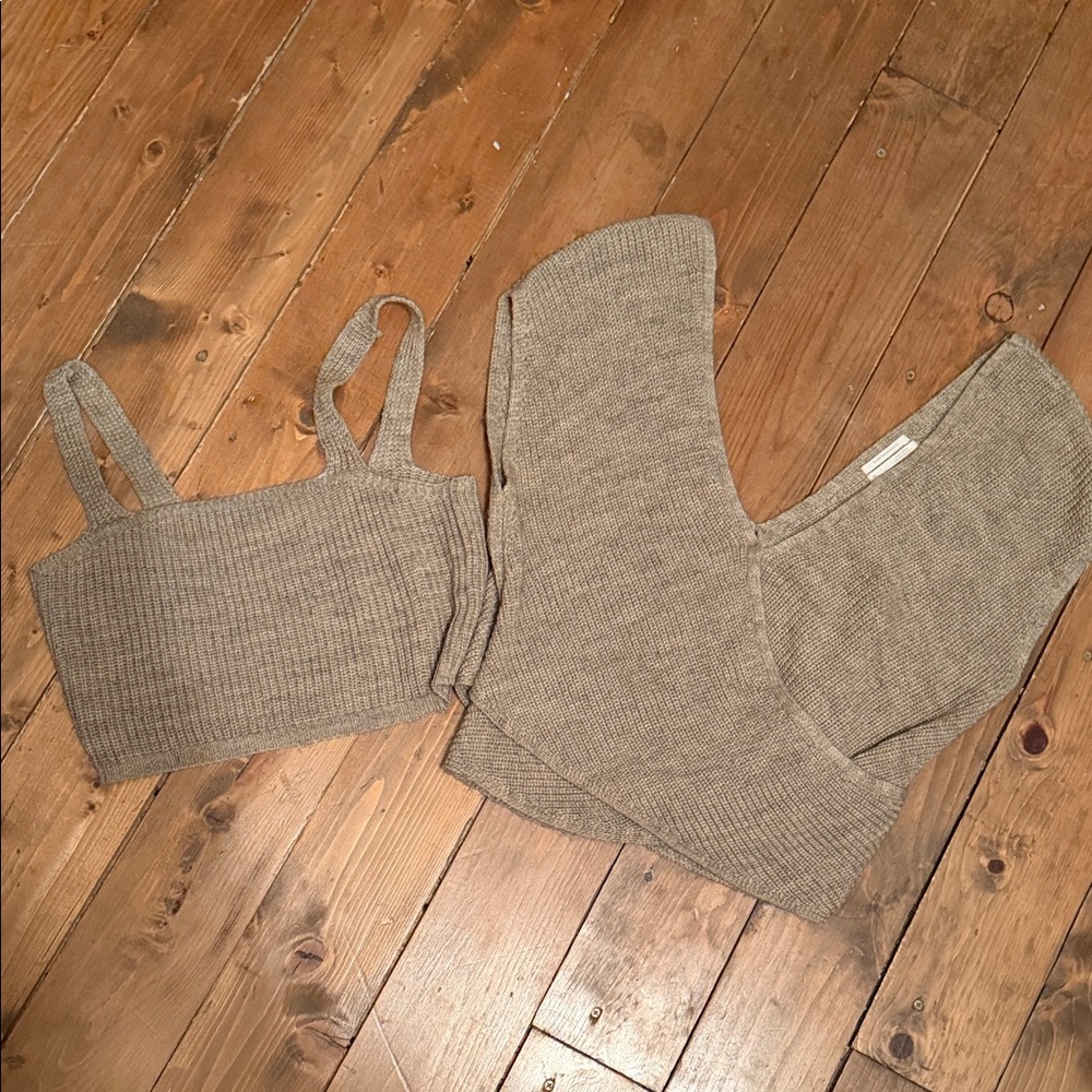 Anthropologie Taupe Ribbed Crop Top Set